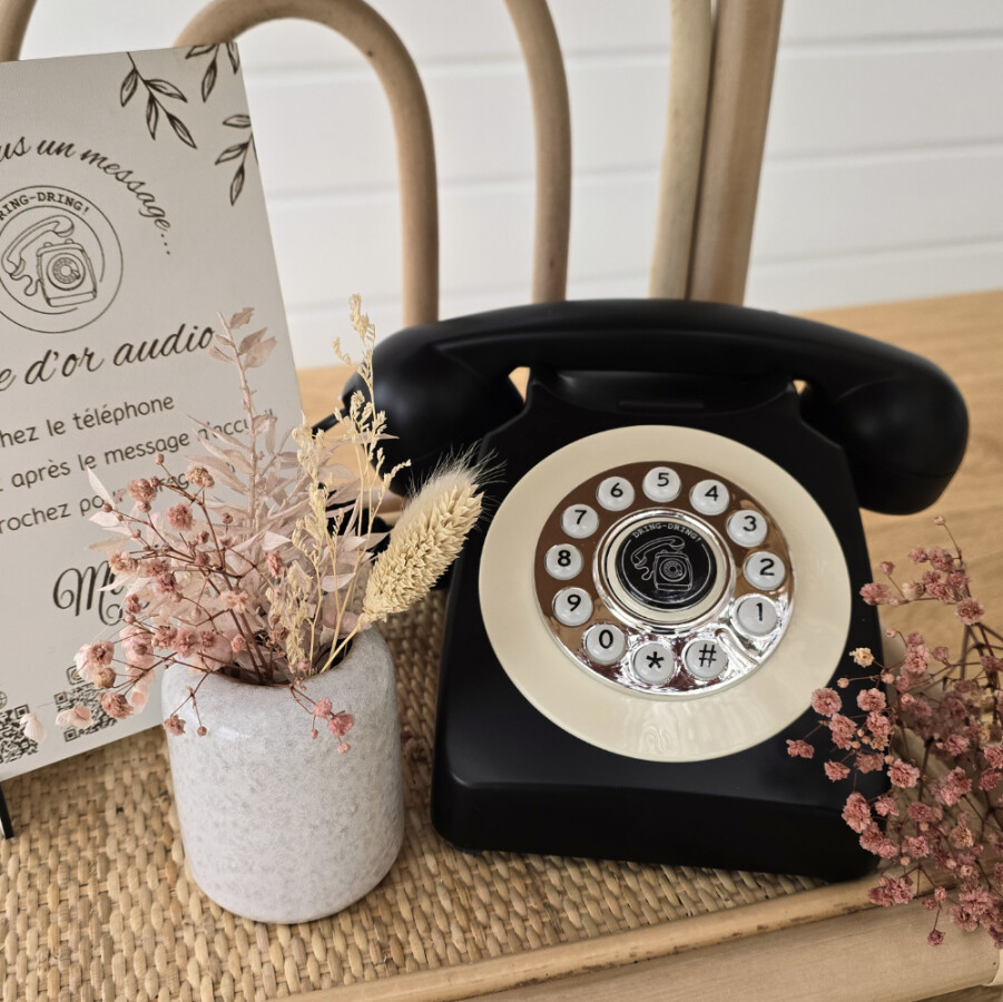 Rental of an audio guest book with your personal greeting, dispatch and return by post and all your guests' audio messages on a pretty wooden USB stick.